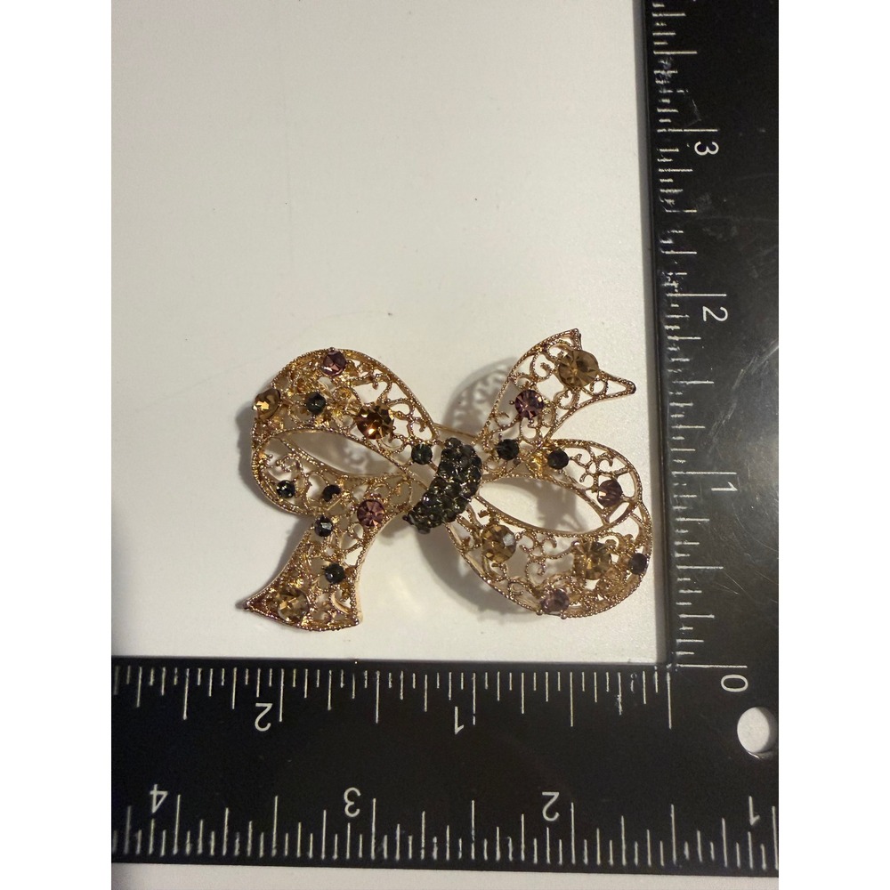 Gold Tone Filigree Bow Brooch Rhinestone Amber Purple Vintage Style Pin